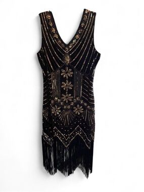 Black & Gold Beaded Fringe V-Neck Evening Dress